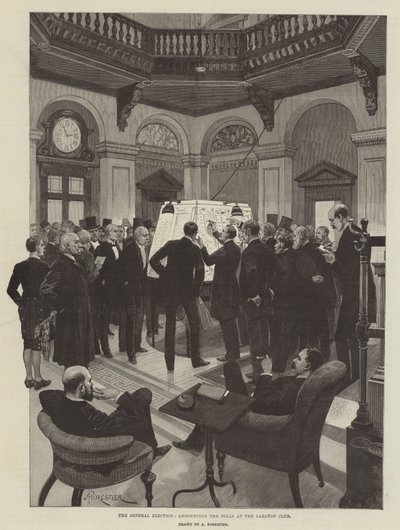 The General Election, Announcing the Polls at the Carlton Club by Amedee Forestier
